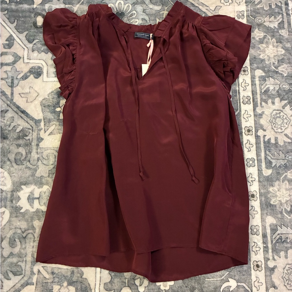 Vineyard Vines Burgundy Double Ruffle Sleeve Blouse
